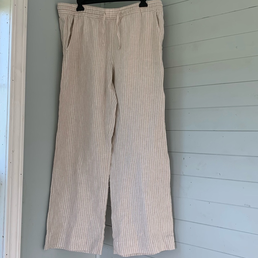 LL Bean Tan White Wide Leg Striped Linen Pants Sz 14 Stretch Lightweight Beach